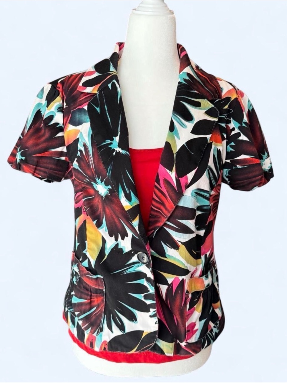 Floral Short-Sleeve Blazer Jacket - Multicolor